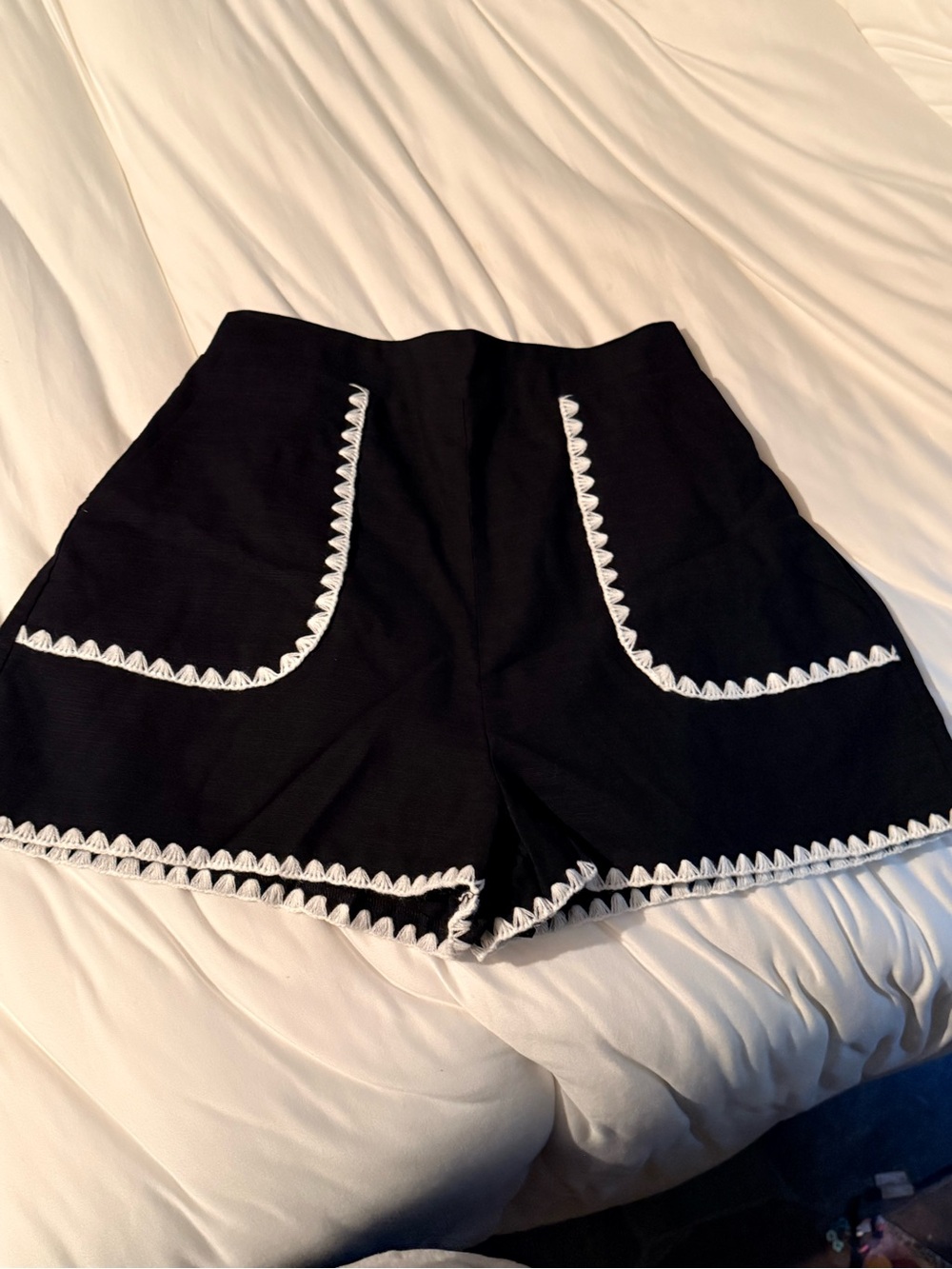 Black Embroidered Trim High-Waist Women's Shorts